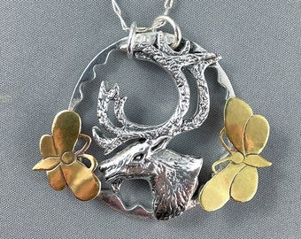 Reindeer Dream Pendant - A Handmade Silver Necklace with Brass Butterflies and Nature Motifs