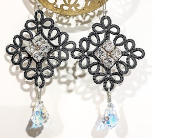 Glam evening earrings. Romantic sparkly earrings with lace and Swarovski crystals. Black earrings