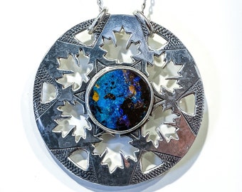 Handmade Silver Necklace with Boulder Opal Pendant. Maple Leaf and Snowflake Design. Unique Gift for Her.