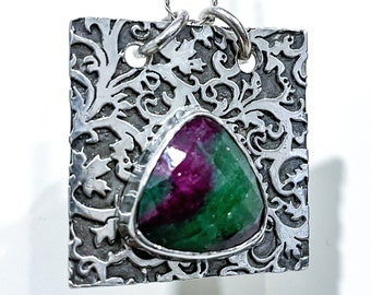 Large Square Pendant with Ruby in Zoisite Triangle Stone - Handmade Unique Jewelry