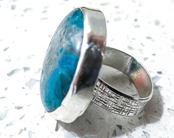 Chrysocolla and Malachite Sterling Silver Ring - Handmade and Hammered, SIZE 9