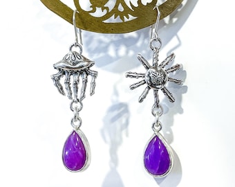 Ocean-Inspired Mismatching Silver Dangle Earrings with Sugilite Stones