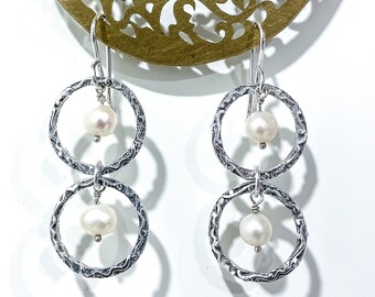 Sterling Silver Pearl Dangle Earrings with Carved Circles