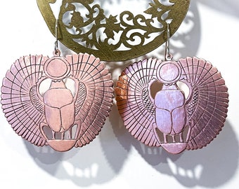 Handmade Winged Scarab Earrings, Copper Plate, Sterling Silver Hooks, Ancient Egypt Jewelry