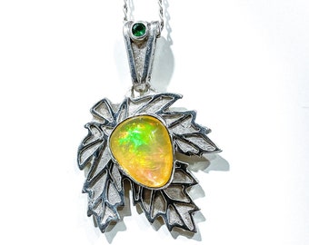 White Silver Maple Leaf Pendant with Ethiopian Opal and Green Tourmaline - Handmade Jewelry