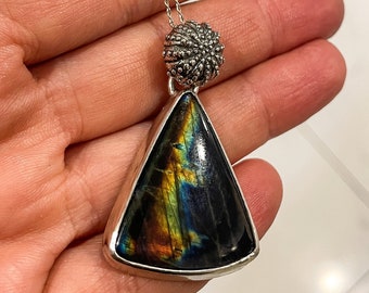 Rainbow Labradorite Triangle Pendant - Sterling Silver Sea Urchin Bail - Ocean Inspired Jewelry