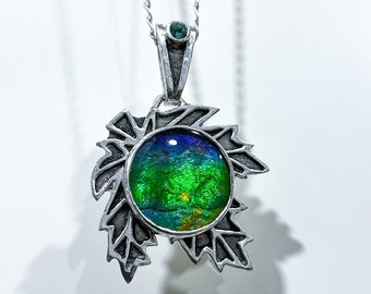 White Silver Maple Leaf Pendant with Canadian ammolite and Green Tourmaline - Handmade Jewelry