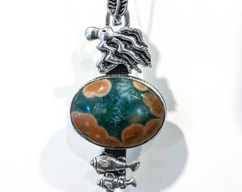 Ocean Jasper Octopus and Clownfish Pendant - Sterling Silver Open Back Setting - Sea Life Inspired Jewelry