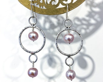 Handmade Silver Dangle Earrings with Pink Freshwater Pearls.