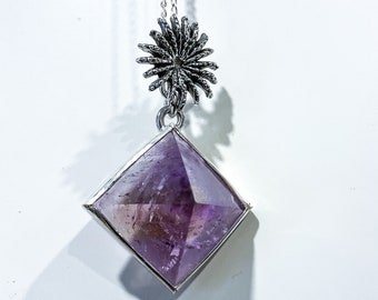 Sea Anemone Bail Pendant with Characterful Amethyst / Ametrin Pyramid - Handmade Sterling Silver Jewelry with Natural Organic Gemstone