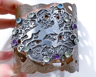 Mixed metal (silver and copper) Deer Jewelry. Organic freeform deer bracelet (gems: peridot, topaz and amethyst)