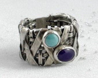 Sterling Silver Basket Ring with Turquoise and Sugilite Stone. Size 9