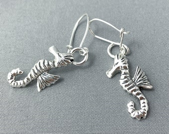 Sterling Silver Seahorse Earrings with French Ear Wire Lock - Handmade, Ocean Inspired