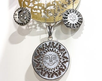 Celestial jewellery. Sterling silver the Sun and moon (crescent) jewelry set: pendant necklace and earrings