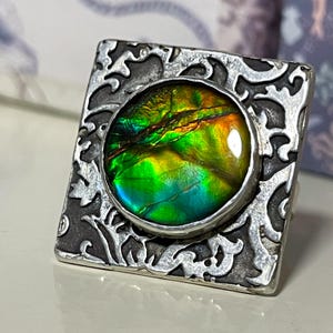 Ammolite Sterling Silver Ring - Flashy Gemstone - Size 7.5