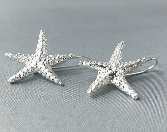 3D Silver Starfish Earrings - Handcrafted from Wax with Unique Texture, French hook ear wire