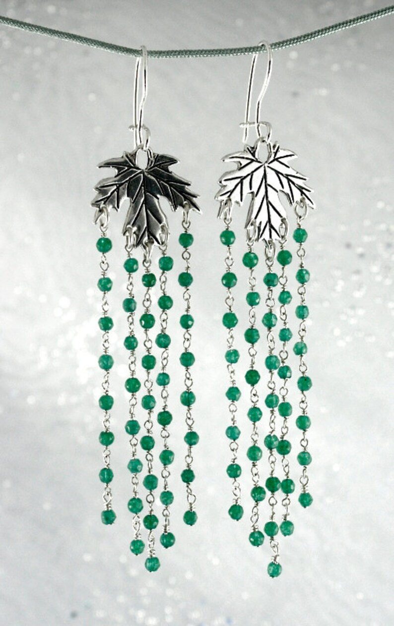 Long emerald chandelier earrings. Maple leaf silver earrings. Etsy