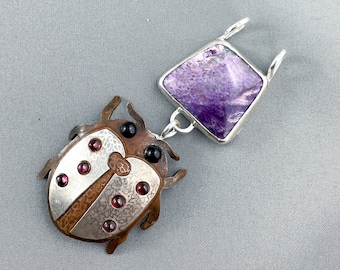 Lepidolite and Ladybug Pendant Necklace - Sterling Silver and Copper - Garnet and Onyx - Handmade Jewelry