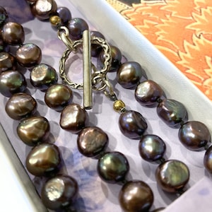 Black Peacock Pearl Necklace with Silver Clasp - 18 Inches
