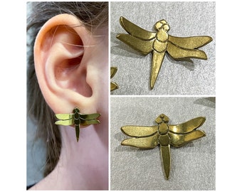 Handmade Brass dragonfly stud earrings with sterling silver ear wires.  ear stack, minimalist earrings