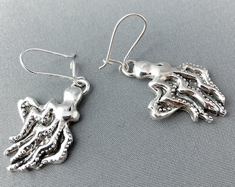 Oceanic Octopus Earrings - Sterling Silver Wax Carved Jewelry, with French Lock Ear Hook