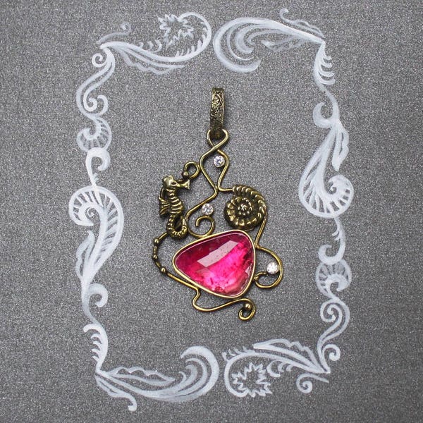 Pink tourmaline necklace. Seahorse necklace. Gold plated sterling silver pendant.