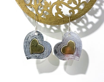 Silver and Brass Heart Earrings - Handmade, Elegant, and Romantic