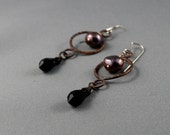 Black pearl earrings. Black Swarovski long dangle earrings. Peacock pearls. Black wedding earrings