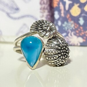 Thin Stacking Ring with Larimar and Sea Creatures - Sterling Silver - Size 8.5