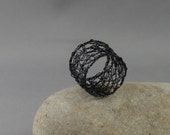 Black lace ring. Black mesh ring. Wide wire band. Black wedding
