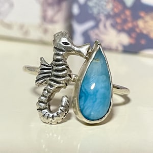 Sterling Silver Ring with Larimar and Seahorse - Thin Stacking Band - Size 7