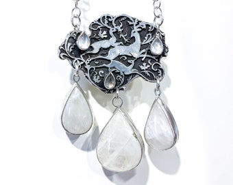Chunky sterling silver necklace with rainbow moonstones and labradorite