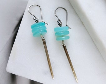Chalcedony Earrings with Oxidized Brass Points and Sterling Silver