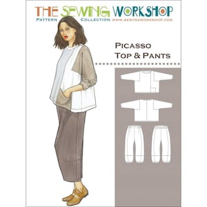 May include: A sewing pattern titled "Picasso Top & Pants" from The Sewing Workshop Collection. The illustration shows a woman wearing the top and pants. The top is white and brown with a pocket. The pants are brown and wide-legged.