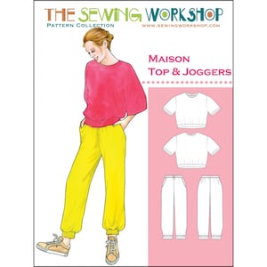 May include: Illustration of a woman wearing a red top and yellow joggers. The image also includes a pattern for a Maison Top & Joggers. The text "THE SEWING WORKSHOP" and "MAISON Top & Joggers" are visible.