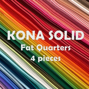 May include: A stack of colorful Kona Solid fabric fat quarters, each measuring 18 inches by 21 inches. The fabric is arranged in a rainbow pattern, with red at the top and purple at the bottom. The text "KONA SOLID Fat Quarters 4 pieces" is printed in white on a black background.