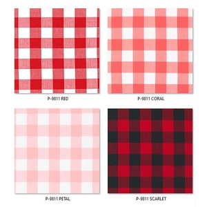 May include: Four fabric swatches with a gingham pattern in red, coral, pink, and black and red. The swatches are labeled "P-9811 RED", "P-9811 CORAL", "P-9811 PETAL", and "P-9811 SCARLET".