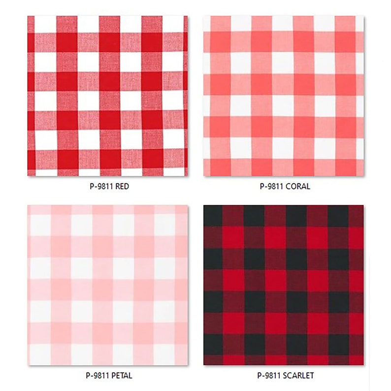 May include: Four fabric swatches with a gingham pattern in red, coral, pink, and black and red. The swatches are labeled "P-9811 RED", "P-9811 CORAL", "P-9811 PETAL", and "P-9811 SCARLET".