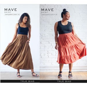 May include: Two women wearing black tank tops and tiered skirts. The skirt on the left is brown and the skirt on the right is orange. The text "Mave Skirt" is at the top of each image. The text "sewing pattern | sizes 0-18" is below the text "Mave Skirt" on the left. The text "sewing pattern | sizes 14-30" is below the text "Mave Skirt" on the right. The text "True Bias" is at the bottom of each image.