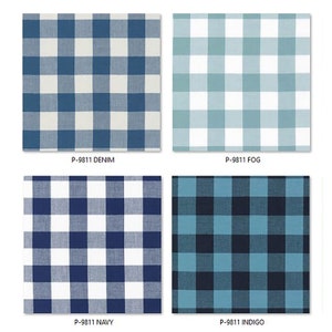 May include: Four fabric swatches with a gingham pattern in different color combinations. The swatches are labeled "P-9811 DENIM", "P-9811 FOG", "P-9811 NAVY", and "P-9811 INDIGO".