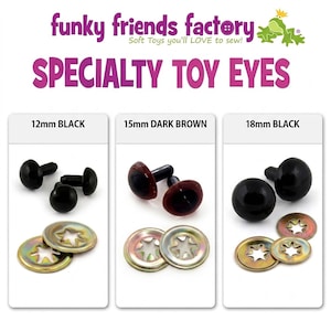 May include: Funky Friends Factory Specialty Toy Eyes display featuring three sets of plastic safety eyes with metal washers. Includes 12mm black, 15mm dark brown, and 18mm black eyes. Each set is labeled with its size and color for toy making.