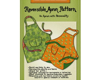 May include: A pattern for a reversible apron with two apron designs. One apron is green with a polka dot pattern, and the other is orange with a floral pattern. The text reads "Reversible Apron Pattern" and "An Apron with Personality."