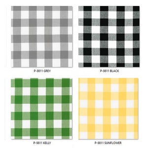 May include: Four fabric swatches with a gingham pattern in different colors: grey, black, kelly green, and sunflower yellow.