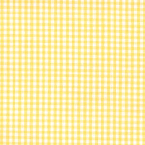 May include: A fabric featuring a classic yellow and white gingham pattern. The design consists of a repeating grid of small, uniform squares in alternating shades of bright yellow and crisp white, creating a consistent checkered textile surface.