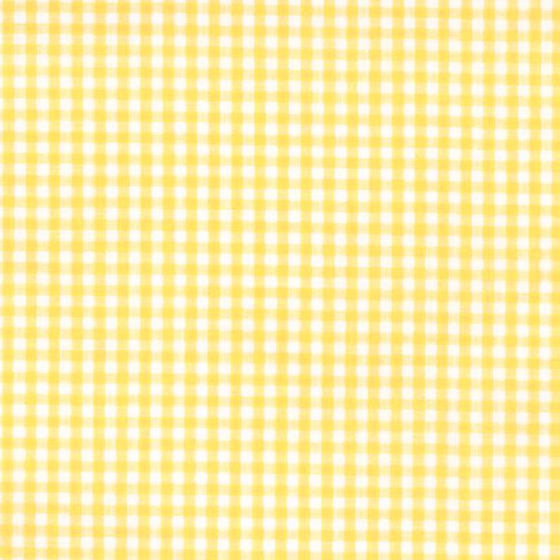 May include: A fabric featuring a classic yellow and white gingham pattern. The design consists of a repeating grid of small, uniform squares in alternating shades of bright yellow and crisp white, creating a consistent checkered textile surface.
