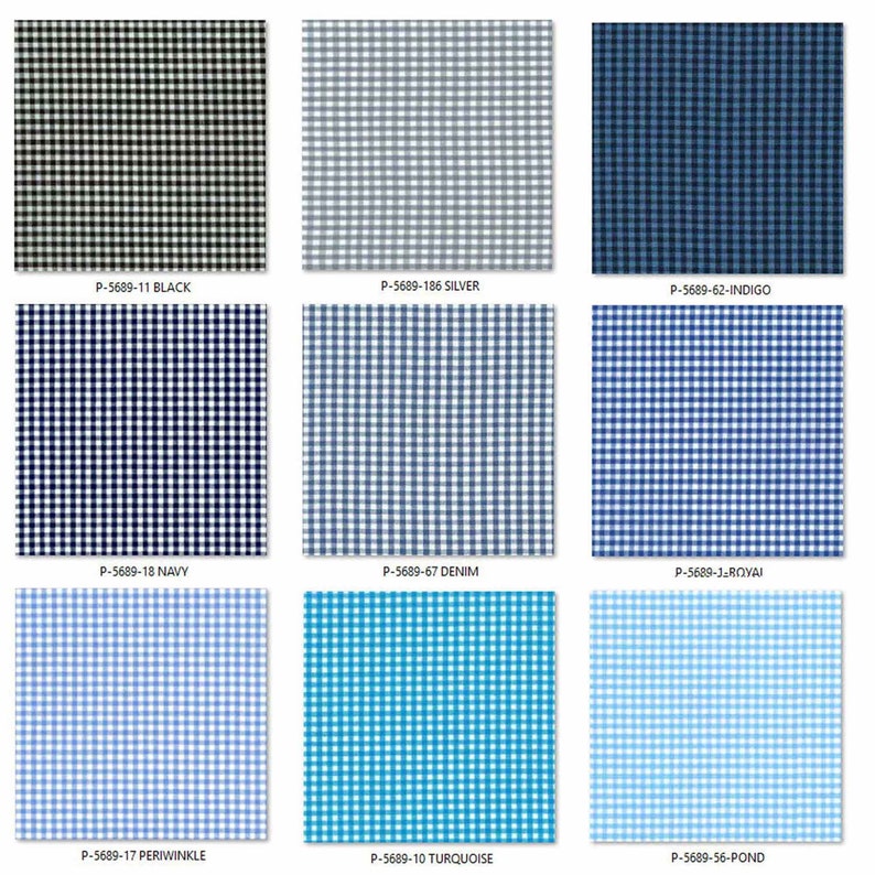 May include: A grid of nine fabric swatches featuring a classic gingham check pattern in various colors including black, silver, indigo, navy, denim, royal blue, periwinkle, turquoise, and pond blue, each labeled with its specific color name and code.