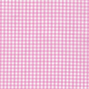 May include: A textile fabric featuring a repeating gingham pattern composed of small, uniform squares in alternating shades of light pink and white. The material displays a consistent, woven grid texture throughout the entire surface area.