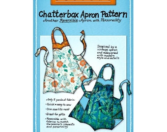 May include: A sewing pattern for a reversible apron called the "Chatterbox Apron Pattern". The pattern is inspired by a vintage apron and features modern style and details. The pattern is for a one-size apron that is easy to sew and requires only 2 yards of fabric.