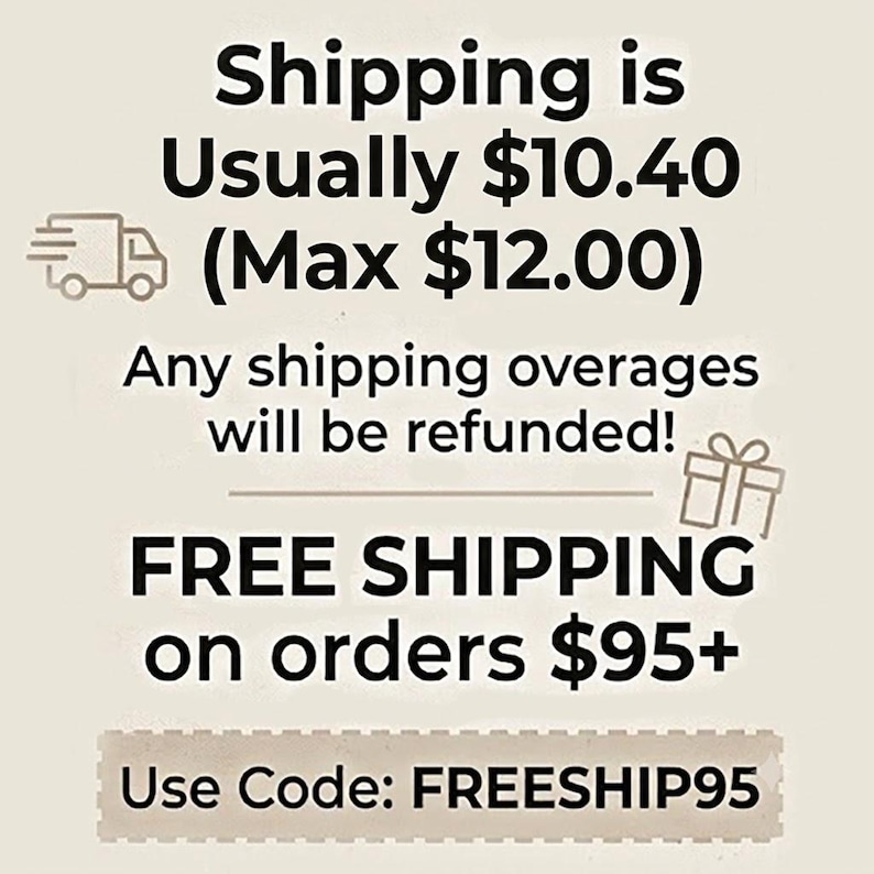 Puede incluir: Un gr&aacute;fico informativo beige con texto negro que dice: Shipping is Usually $10.40 (Max $12.00). Any shipping overages will be refunded! FREE SHIPPING on orders $95+. Use Code: FREESHIP95. Incluye un icono de cami&oacute;n y una caja de regalo.