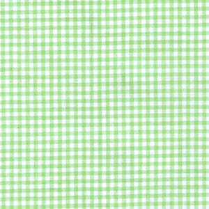 May include: A fabric featuring a classic gingham pattern with a repeating grid of small, light green squares set against a crisp white background. The textile displays a consistent, uniform check design across the entire visible surface area.